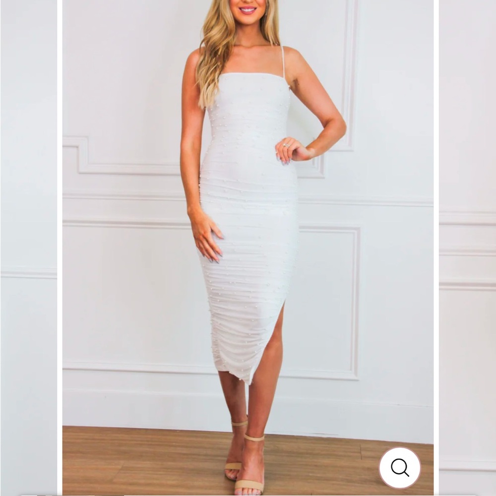 Bella & Bloom white ruched pearl dress